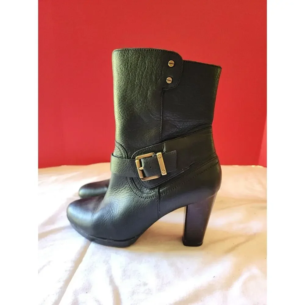 CLARKS Indigo Shoes Women's Size 8.5M Black Leather Boots Heels Booties #64503